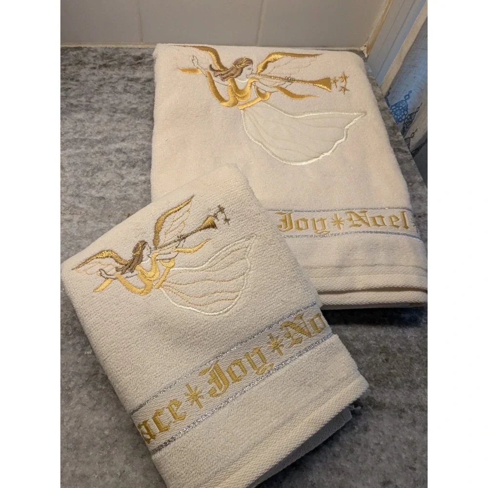 Santens Vtg Christmas Cream Towel Set -Angels, Stars Season's Greetings USA Made